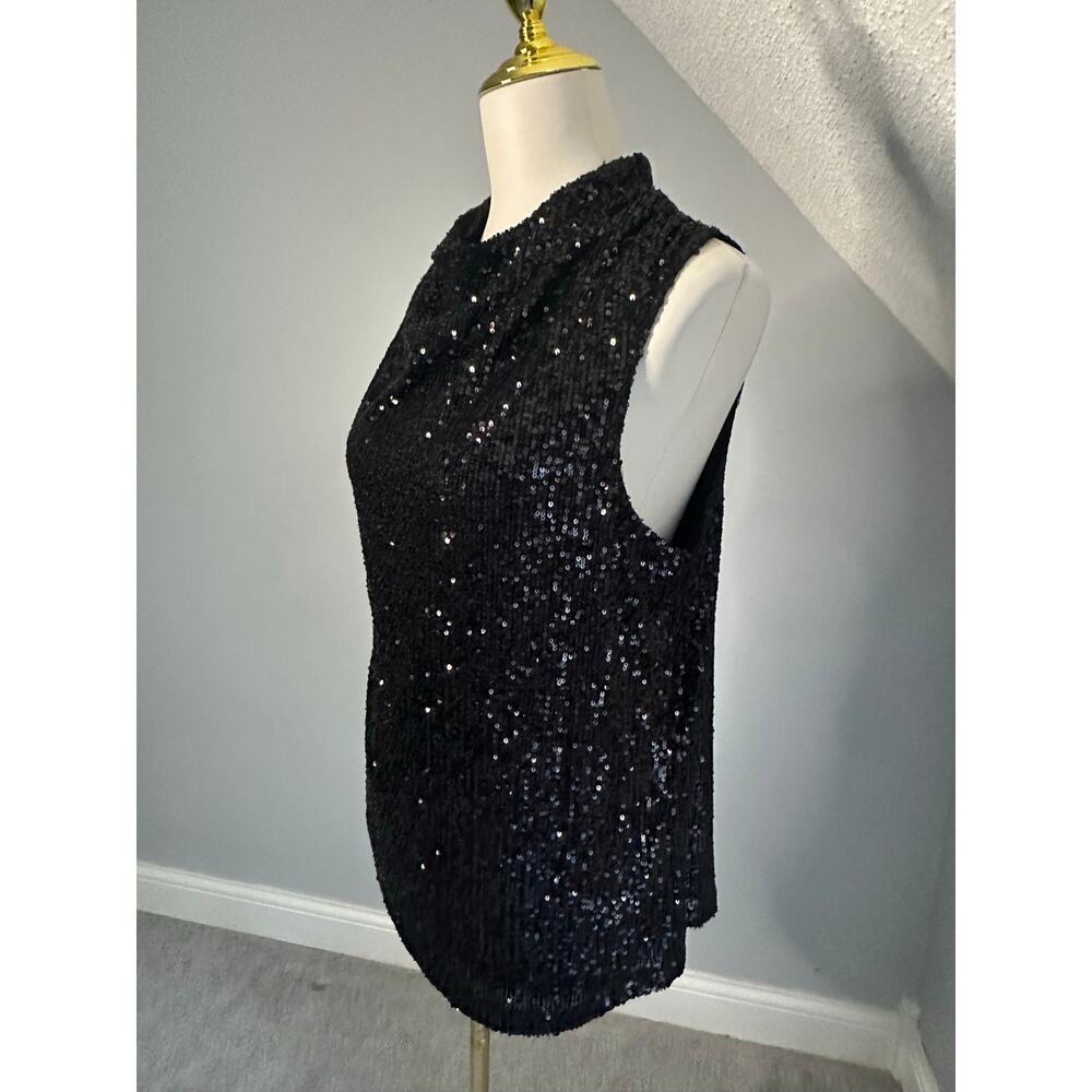 EUC Cable & Gauge Black Sequin Sleeveless Top Sz L Cowl Mock Neck Keyhole - Picture 4 of 7